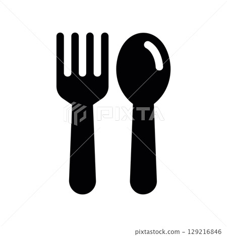 Black Glyph Icon of a Fork and Spoon, a Dining Utensil Set Black Glyph Icon of a Fork and Spoon, a Dining Utensil Set 129216846