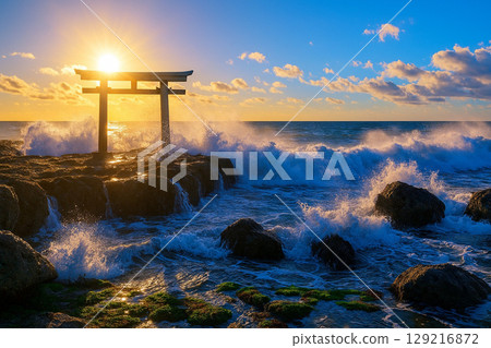 Torii gates and sacred rocks at Oarai Isosaki Shrine 129216872