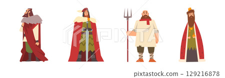Medieval People Character in Standing Pose Vector Illustration Set 129216878