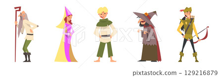 Medieval People Character in Standing Pose Vector Illustration Set 129216879