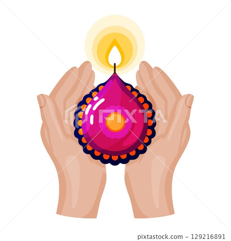 Illustration of Hands Holding a Lit Diya Lamp Illustration of Hands Holding a Lit Diya Lamp 129216891