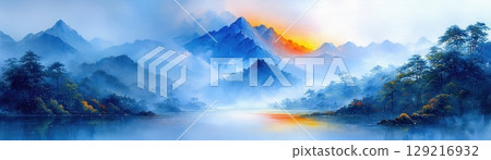 Serene Mountain Landscape with Misty Lake and Colorful Sunset Over Hazy Peaks and Pine Trees Serene Mountain Landscape with Misty Lake and Colorful Sunset Over Hazy Peaks and Pine Trees 129216932
