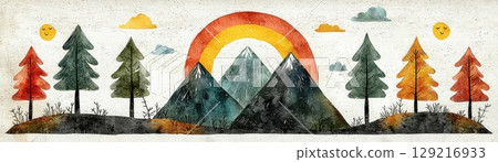 Vibrant Watercolor Landscape with Mountains, Forests, Sunshine, and Colorful Sky Elements 129216933