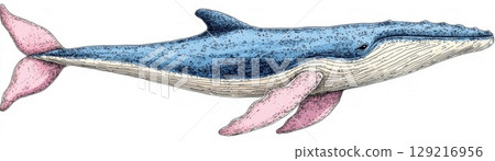 Detailed illustration of a colorful whale with unique features and artistic style 129216956