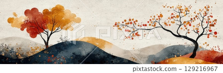 Autumn Landscape with Colorful Trees and Rolling Hills in a Watercolor Style 129216967