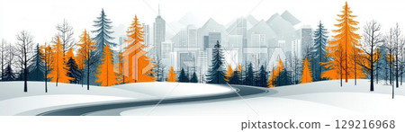 Snowy Landscape with Urban Skyline and Pine Trees in Autumn Colors on a Bright Winter Day 129216968