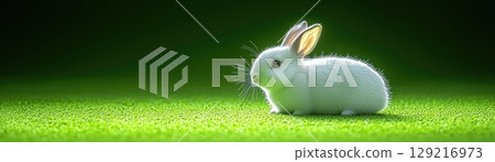 Cute and Fluffy White Rabbit Sitting on Vibrant Green Grass in a Soft Natural Light 129216973