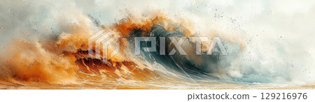Majestic Ocean Wave with Turbulent Foamy Crest and Golden Brown Tones at Dawn Light Majestic Ocean Wave with Turbulent Foamy Crest and Golden Brown Tones at Dawn Light 129216976