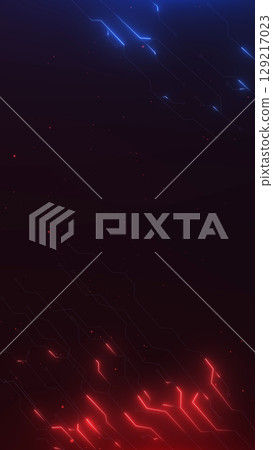 Vertical futuristic circuit board with glowing red and blue neon lines on dark background. High-tech digital background with cyber particles and abstract technology design. Vertical futuristic circuit board with glowing red and blue neon lines on dark background. High-tech digital background with cyber particles and abstract technology design. 129217023