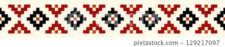 Bold ethnic geometric pixel art border in a rich color palette of red, black, and cream. Ideal for a striking visual element in textiles or digital designs. 129217097