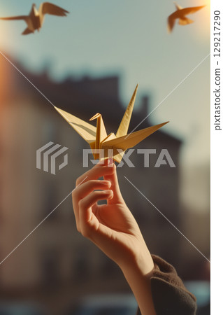 A hand holding a paper crane A hand holding a paper crane 129217290