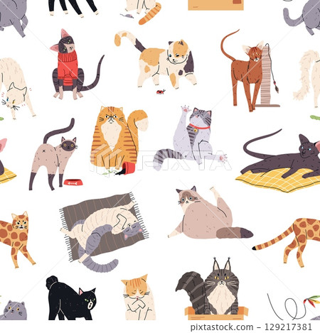 Cute cats seamless pattern. Repeated funny pets, different breeds and coat colors, domestic animals, happy kittens. Textile, wrapping paper, wallpaper. Print for fabric tidy vector background 129217381