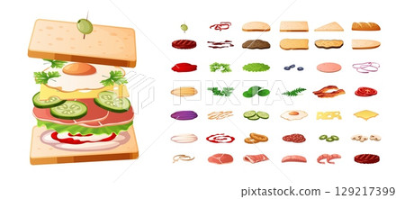 Sandwich constructor. Different tasty snack ingredients, sliced vegetables, egg, bacon, fresh greens and cheese between toasts, menu assortment cartoon flat style isolated tidy vector set Sandwich constructor. Different tasty snack ingredients, sliced vegetables, egg, bacon, fresh greens and cheese between toasts, menu assortment cartoon flat style isolated tidy vector set 129217399