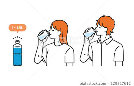 插畫素材:年輕男女喝水補充水分 插畫素材:年輕男女喝水補充水分 129217612