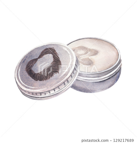 Beard twist-up metal wax tin. Hand-painted watercolor illustration of man cosmetic container with wax isolated on white background. Ideal for grooming, barbershop branding, cosmetic products design 129217689