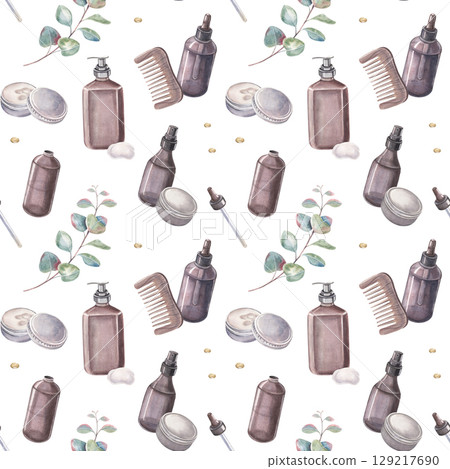 Seamless pattern, spray, oil vial, pipette, drops, dispenser, foam, tin jar, comb, eucalyptus. Hand-painted watercolor of hair, skin care products isolated on white for printing on packaging, textile Seamless pattern, spray, oil vial, pipette, drops, dispenser, foam, tin jar, comb, eucalyptus. Hand-painted watercolor of hair, skin care products isolated on white for printing on packaging, textile 129217690