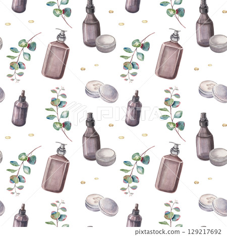 Seamless pattern, spray, oil vial and drops, dispenser, tin jar, eucalyptus. Hand-painted watercolor of hair, skin care products isolated on white for branding, design, printing on packaging, textile 129217692