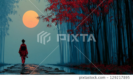 A woman in a kimono walking through a bamboo forest under a full moon 129217895