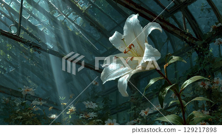 白色的百合花和陽光照進倒塌的溫室 129217898