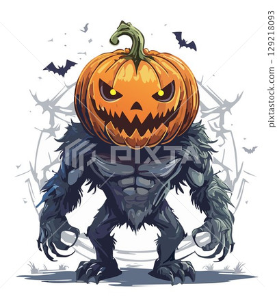 Menacing Pumpkin-Headed Monster with Bats. 129218093