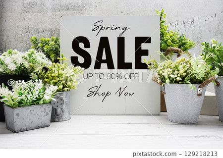 Hello Spring Sale 80% off Promotion Offer Discount Retail Shopping Concept Hello Spring Sale 80% off Promotion Offer Discount Retail Shopping Concept 129218213