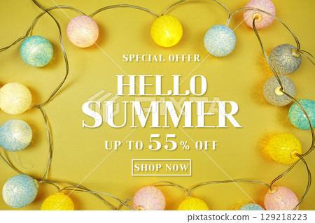 Summer Sale 55% text with LED cotton balls Decorated on yellow background Summer Sale 55% text with LED cotton balls Decorated on yellow background 129218223