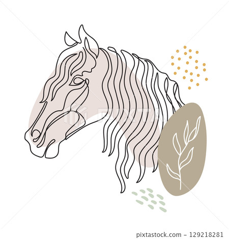 Single line horse drawing with botanical elements vector Single line horse drawing with botanical elements vector 129218281