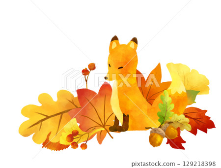 落葉和狐狸的水彩秋季插圖 129218398