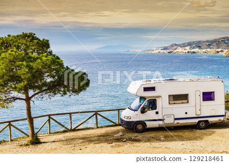 Caravan on seaside cliff, Spain 129218461