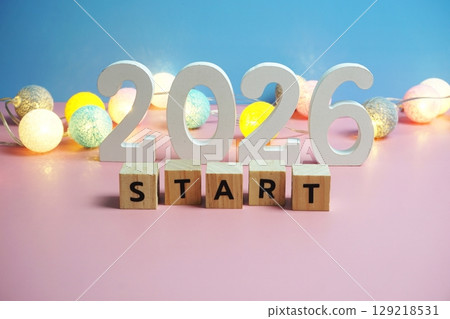 Start 2026 word alphabet letters on pink and blue background 129218531