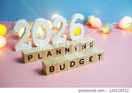 2026 Budget Planning alphabet letters on blue and pink background 2026 Budget Planning alphabet letters on blue and pink background 129218532