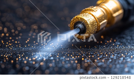 Water spray nozzle creating fine mist on a dark surface with glitters 129218548