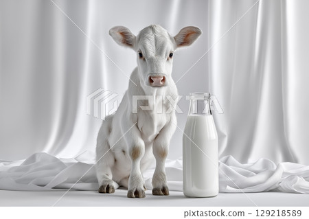 Adorable white calf sitting next to a glass bottle of fresh milk on soft white background 129218589