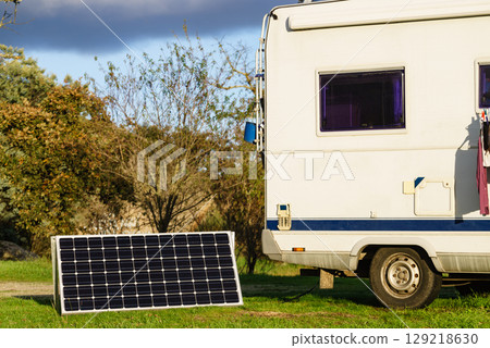 Rv caravan on nature. Autumn time. 129218630