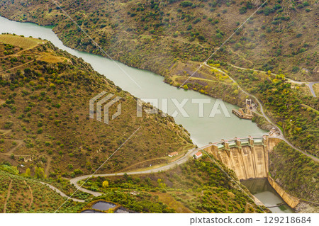 Douro river with Saucelle Dam. Border Spain Portugal 129218684