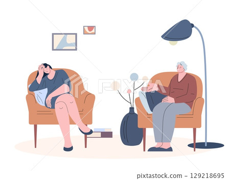 Psychology therapy. Young exhausted and sad girl at session with psychologist. Senior woman talking with daughter or grandchild, vector scene Psychology therapy. Young exhausted and sad girl at session with psychologist. Senior woman talking with daughter or grandchild, vector scene 129218695