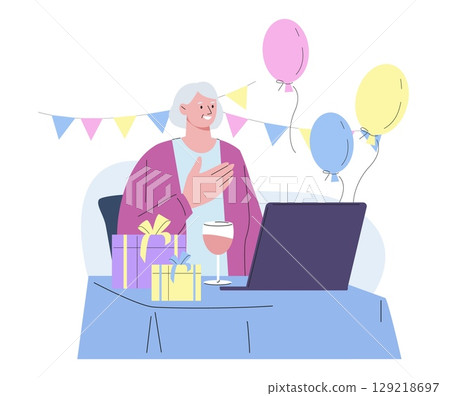 Online birthday party. Senior woman celebrating birthday or anniversary, sitting with laptop, balloons, wine glass and gifts, vector concept 129218697