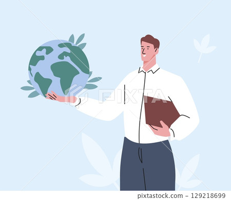 Man holding earth in hand. Geography teacher or scientist character. Save the planet concept, support environment and ecology, flat vector scene Man holding earth in hand. Geography teacher or scientist character. Save the planet concept, support environment and ecology, flat vector scene 129218699