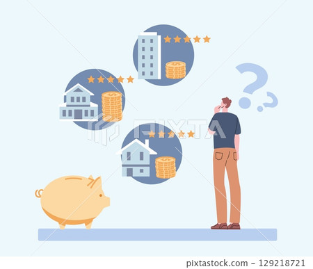 Man choose apart for rent or buy. Young guy thinking about home, real estate market online with five stars rating. Various price for house, vector concept 129218721