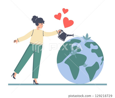 Earth loving. Girl watering planet from water can and growing plants. Support and care for environment, ecology mind. Nature, geography vector concept 129218729