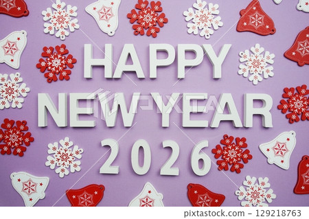Happy New Year 2026 alphabet letters on purple background Happy New Year 2026 alphabet letters on purple background 129218763