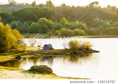 Tent on lake shore. Camping on nature. Alentejo Portugal. Tent on lake shore. Camping on nature. Alentejo Portugal. 129218787