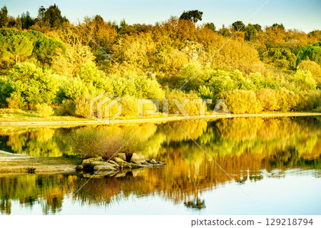 Autumn lake landscape, Alentejo Portugal. Autumn lake landscape, Alentejo Portugal. 129218794