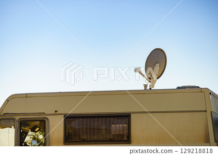 Satellite dish on roof of motor home 129218818