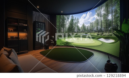 Indoor golf simulator with realistic landscape and advanced technology setup 129218894