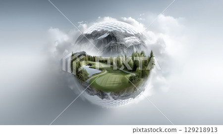 Fantasy golf landscape inside a golf ball with mountains and forest, conceptual sport illustration 129218913