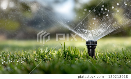 Lawn sprinkler watering grass on a sunny day in a backyard garden 129218918