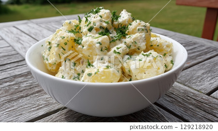 Fresh potato salad served in a clear glass bowl on a wooden table outdoors Fresh potato salad served in a clear glass bowl on a wooden table outdoors 129218920