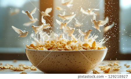 Birds soaring above a bowl of cereal in a sunlit kitchen during a bright morning 129218927