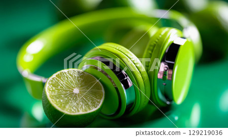 Fresh lime slices paired with stylish, vibrant green headphones, conveying a sense of freshness and dynamic energy 129219036